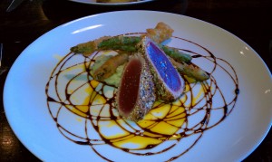 Tuna with wasabi mashed potatoes and tempura asparagus--Tannin Wine Bar