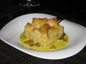 White Chocolate Bread Pudding with Pistachio Sauce--Urban Table