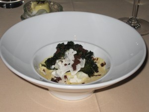 63 degree egg with kale, black garlic and cauliflower--The American
