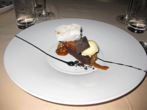 NICKERS BAR chocolate torte, cashew caramel, bacon candy, nougat wafer, sea salt ice cream