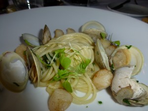 Chitarra with clams, scallops and ramps--Bluestem