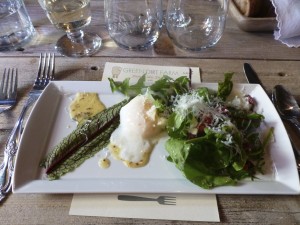 Wild greens, Green Dirt Farm Prairie Tomme, soft boiled egg and pancetta--Green Dirt Farm dinner