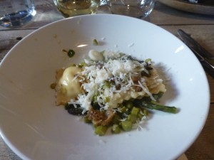 Smoked cheese ravioli with spring vegetables