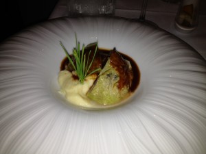 Baked Quail Ballontine, wrapped in cabbage with almonds, cranberries, cassis jus, celeriac puree--Affare