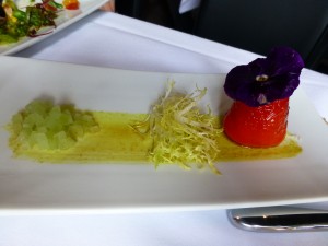 Roasted red pepper Roulade with lump crab salad, madras curry paint, compressed cucumbers--Affare