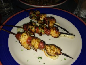 Chicken and chorizo kabobs--La Bodega