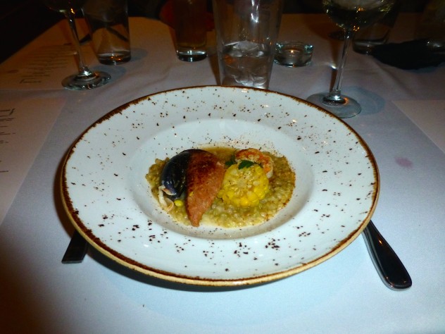 shrimp, sausage, corn and farro
