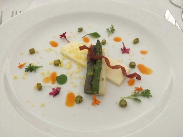 White and Green Asparagus, Pickled Asparagus coins, smoky preserved egg yolk, citrus chevre, chorizo oil, tangerine lace