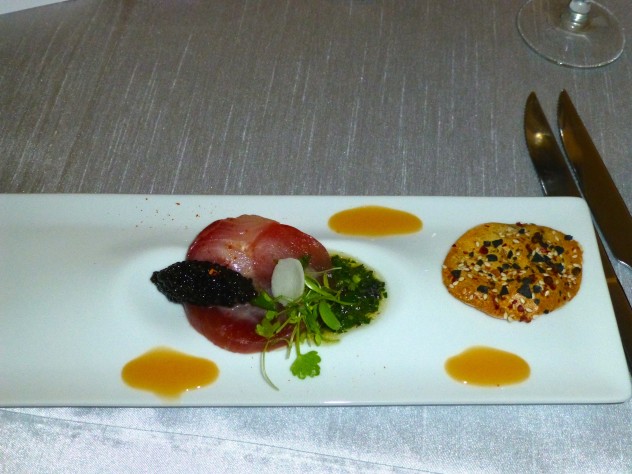 Course 3-Hamachi and Big Eye Tuna Ceviche, Ossetra Caviar, City Bitty Cilantro